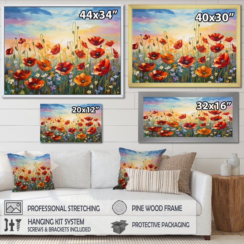 Coquelicots rouges en fleurs - impression, H 12 po x l 20 po x P 1 po, Cadre simple noir