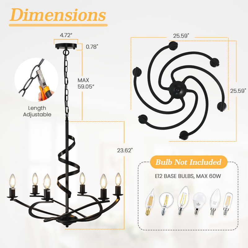 6 - Light Dimmable Candle Style Classic Chandelier With Wrought Iron Accents（Set Of 2）, 83.45" H x 25.59" W x 25.59" D