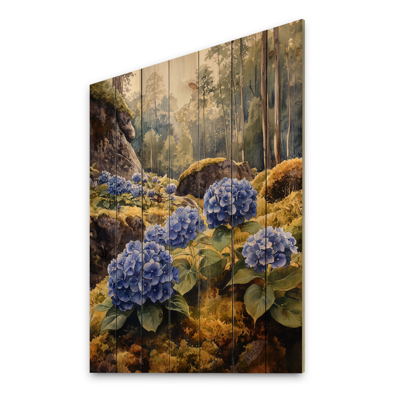 Hortensias dans un jardin moussu - décoration murale en bois d'hortensias - sur bois de pin naturel
