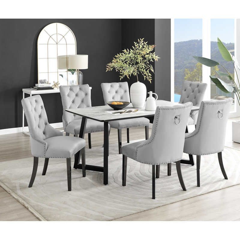 White Marble Effect Melamine Dining Table Black Legs & 6 Luxury Velvet Chairs Industrial Design, Gray/Black