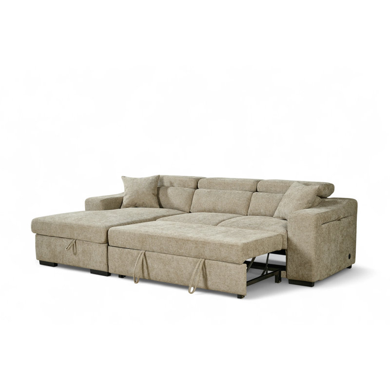 4 Seater Sofa Bed, Left Hand Facing, Beige Polyester