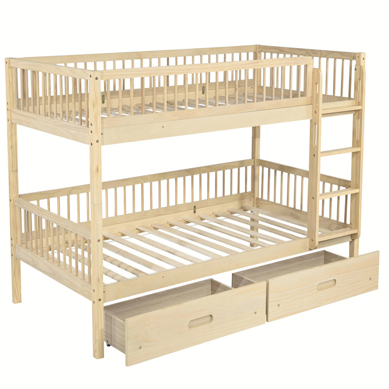 Lit superposé simple au-dessus de simple en bois massif avec 2 tiroirs et échelle, convertible en 2 lits simples, Naturel