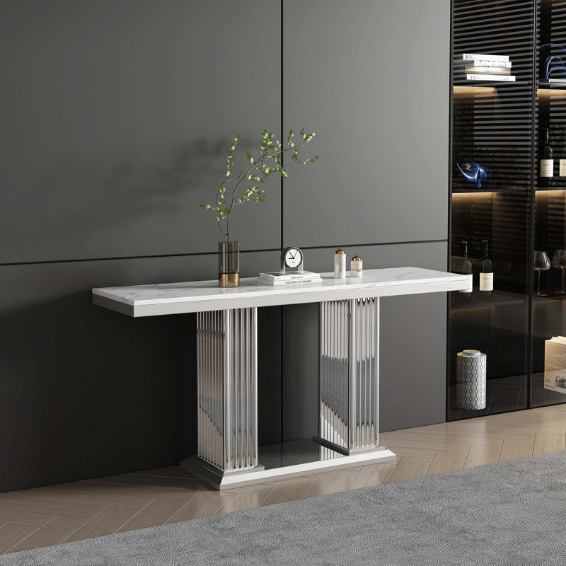59.06'' Marble Top Console Table, Silver, White