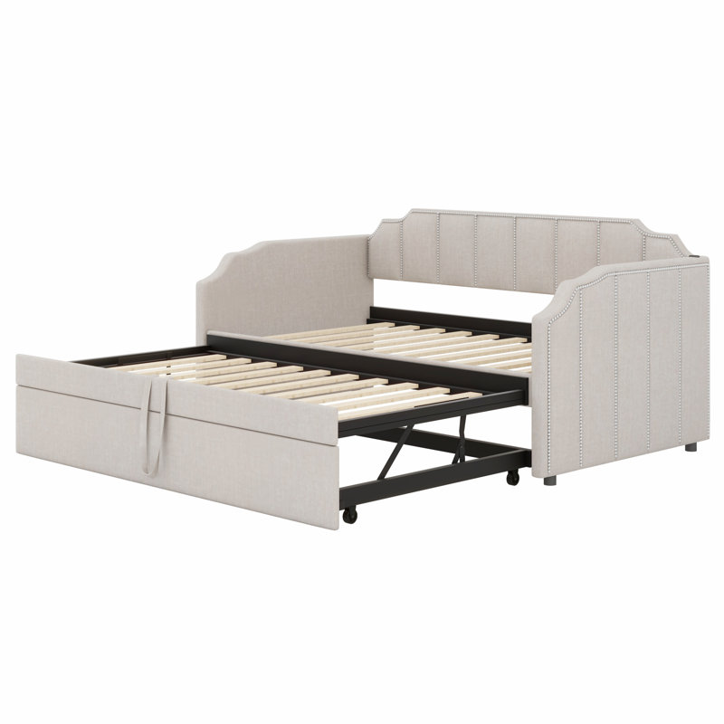 Stylish Upholstered Daybed with Pop-Up Trundle and USB Charging Function, Beige