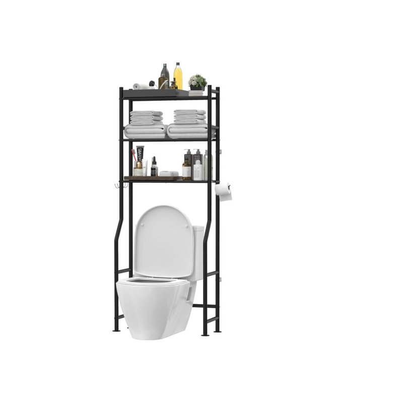 3-Tier Over The Toilet Storage, Freestanding Metal Bathroom Shelves With 4 Hooks, Over Toilet Storage Shelf With Paper Holder, Above The Toilet Shelf For Bathroom Storage