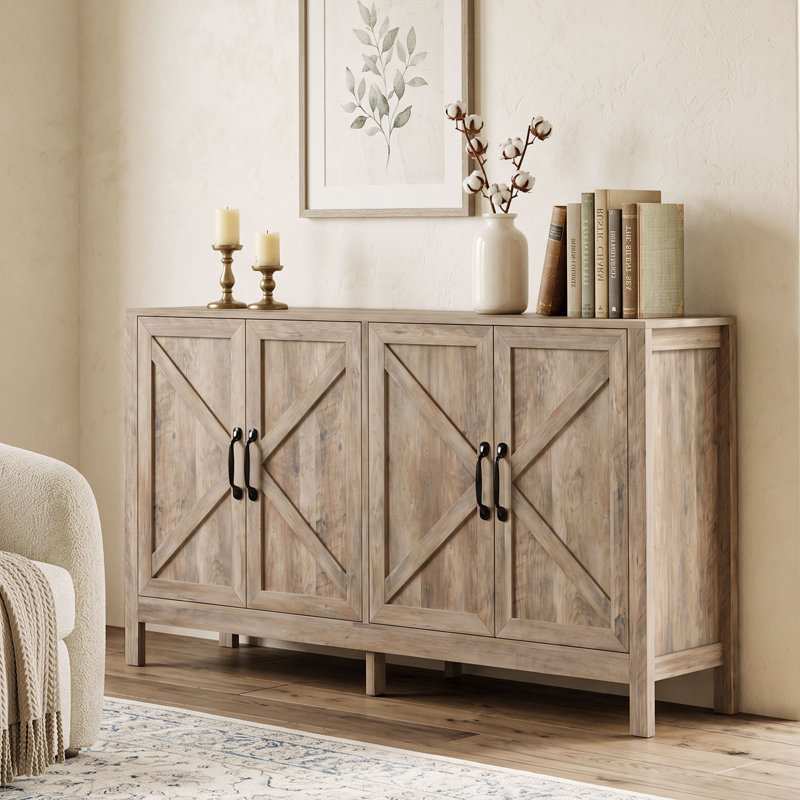Meuble de rangement, buffet avec porte coulissante de style grange, étagère, gris pâle