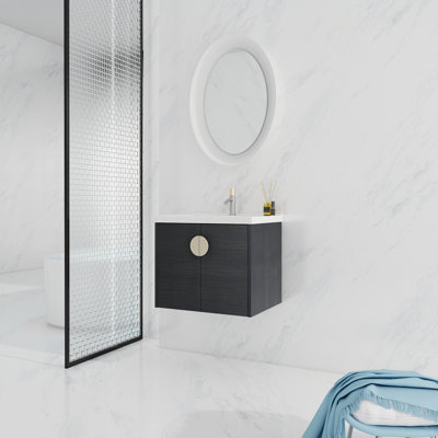 Wall Mounted Bathroom Vanity With Ceramic Basin, 24 Inch, Ample Storage For Small Bathrooms, Black Chestnut - Inch Sink, Color, Spacious