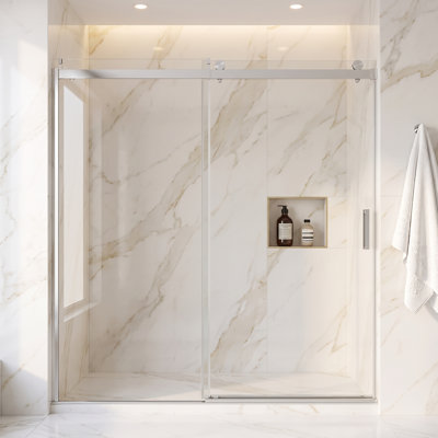 68 po x l 76 po x H 76 po Portes de douche coulissantes à fermeture en douceur sans cadre avec tampon, installation réversible, porte en verre trempé épais de 3/8 po (10 mm), finition chromée