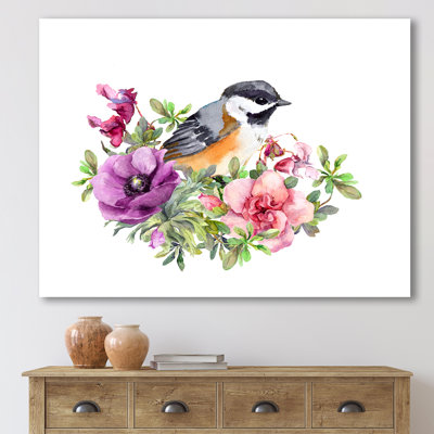 Oiseau mignon en fleurs roses et mauves - peinture sur toile