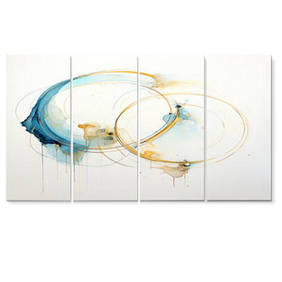 Délicats cercles dorés sur des nuages bleu clair - ensemble d'art mural abstrait 4 pièces