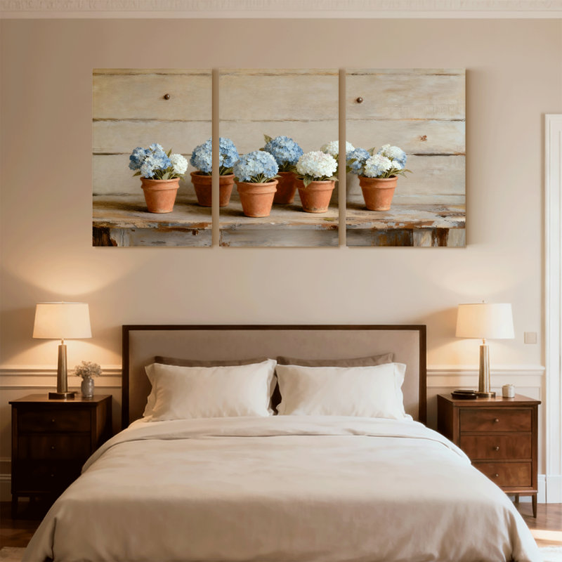 Fleurs d'hortensia en pots sur tablette en bois, ensemble de 3 impressions sur toile, H 30 po x l 60 po