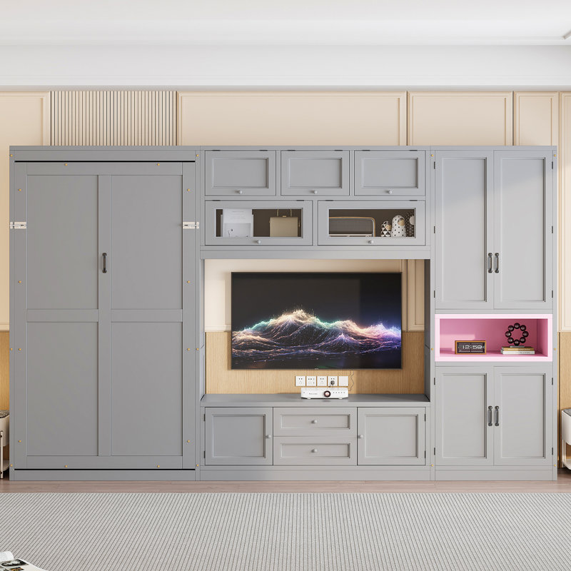 Lit escamotable simple avec meuble télé intégré et rangement, Gris