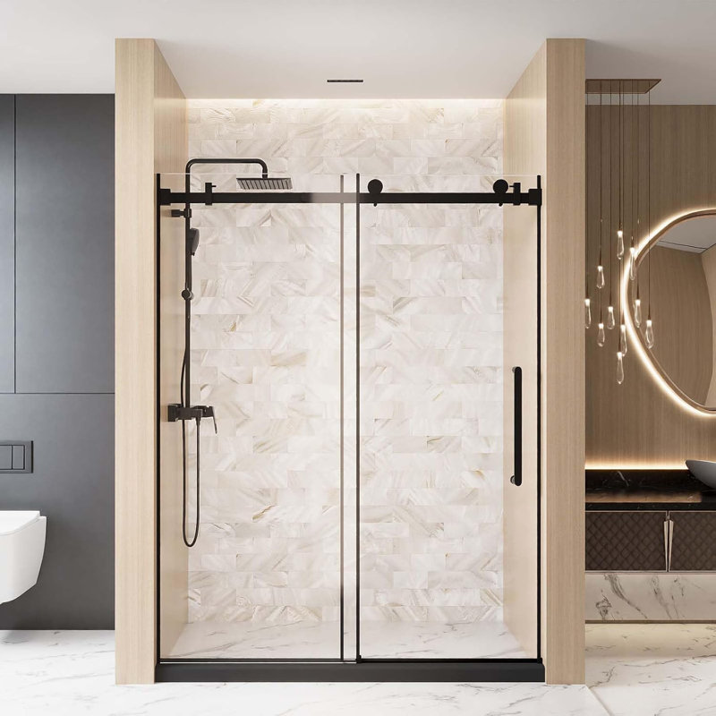 Single Sliding Shower Door 60" W X 76" H, 1/4" (6mm) Tempered Glass, Frameless Shower Doors With Square Tube Track, Explosion Proof Film & Stainless Steel Handle, Brushed Nickel