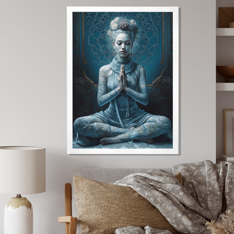 Spiritual Serenity Blue Goddess Meditation sur impression sur toile, H 40 po x l 30 po x P 1,5 po, Cadre simple blanc