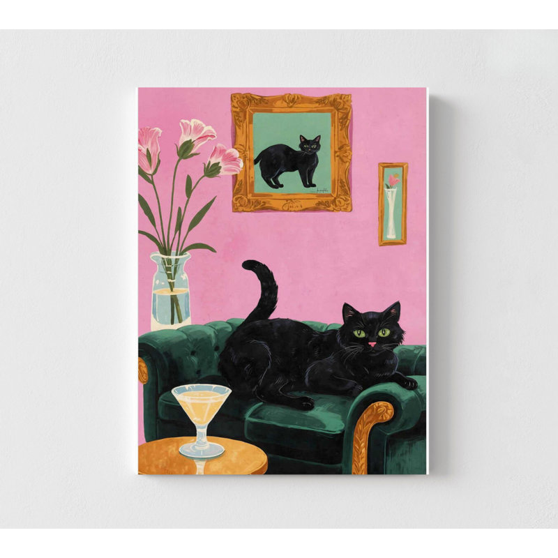 Décoration murale chat noir: aquarelle rose (encadrée ou non), H 5 po x l 7 po, Impression sans cadre, Ne s’applique pas