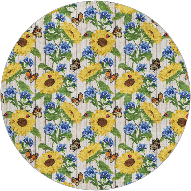 Premium Machine Washable Dream Shag Sunflowers/Butterflies Rug, 8' Round