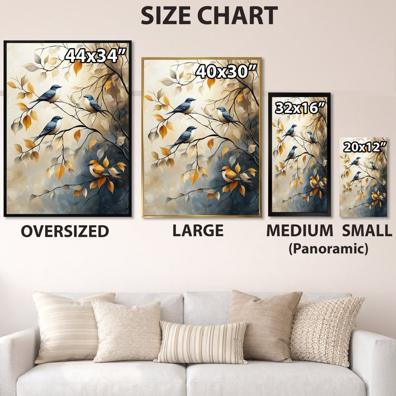 Oiseaux chanteurs sur des branches d'automne - Tableau encadré d'oiseaux bleus, H 32 po x l 24 po, Cadre photo noir