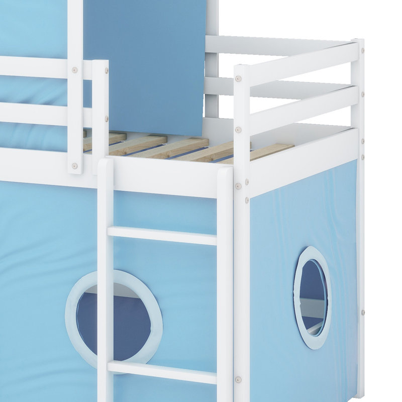 Lit mezzanine en bois avec glissoire, tente et tour