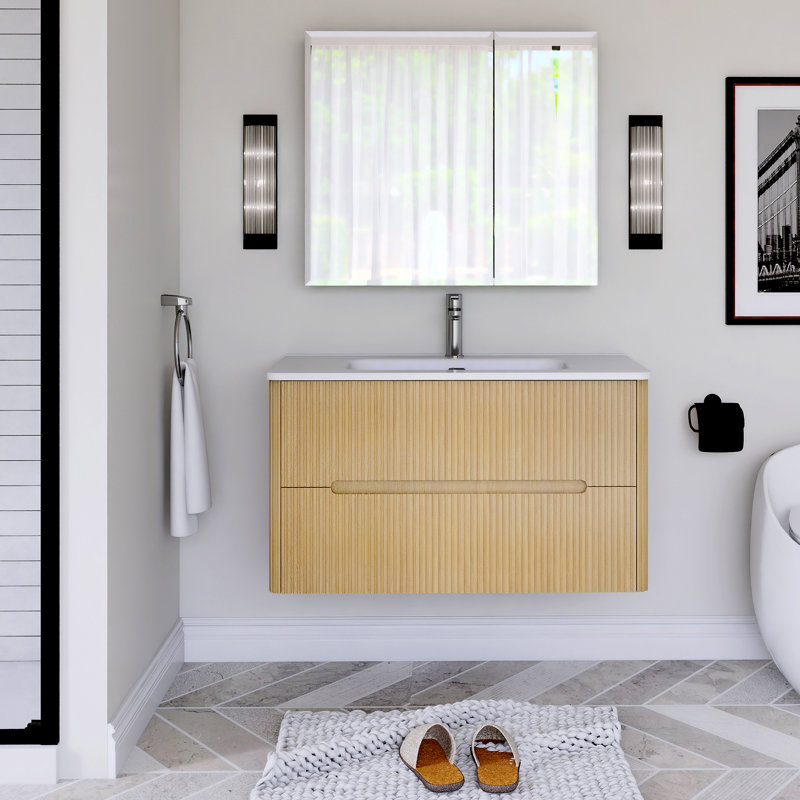 Ensemble de meuble-lavabo mural 36 po avec plateau intégré en céramique 36 po, Chêne naturel