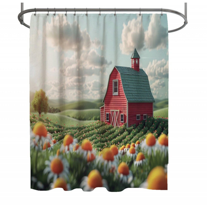 Barn Landscape Rural Floral Shower Curtain, 73" H x 70" W
