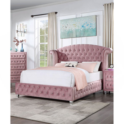 Glam Contemporary Pink Flannelette Upholstered 1Pc Bed Cabriole Legs Wingback Design Bedroom Furniture