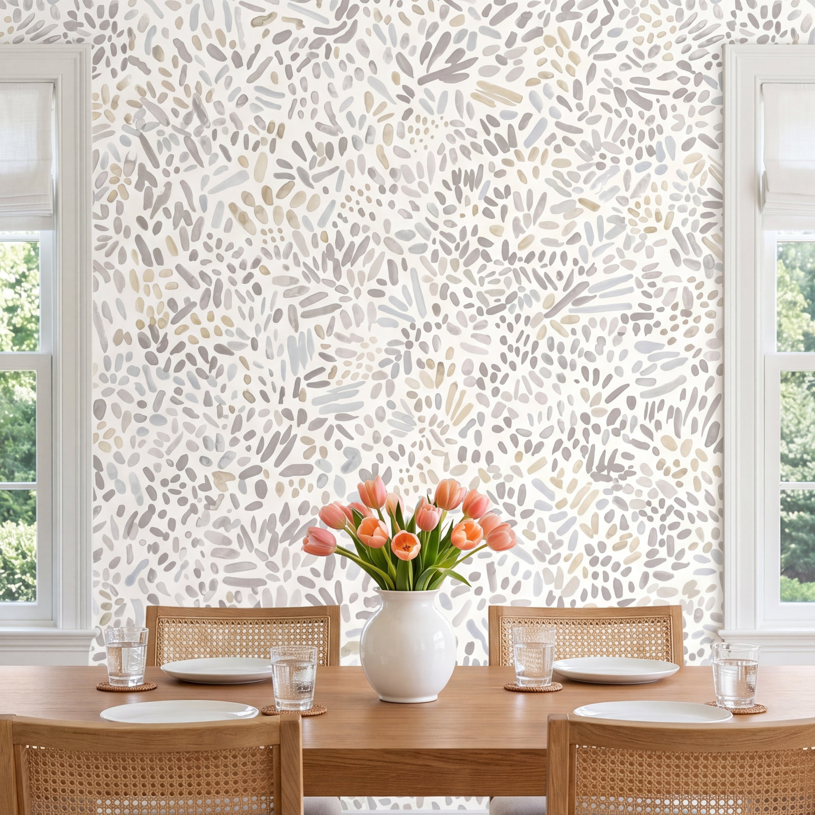 Brushstroke Garden Self-Adhesive Wallpaper Roll, Stone Gray