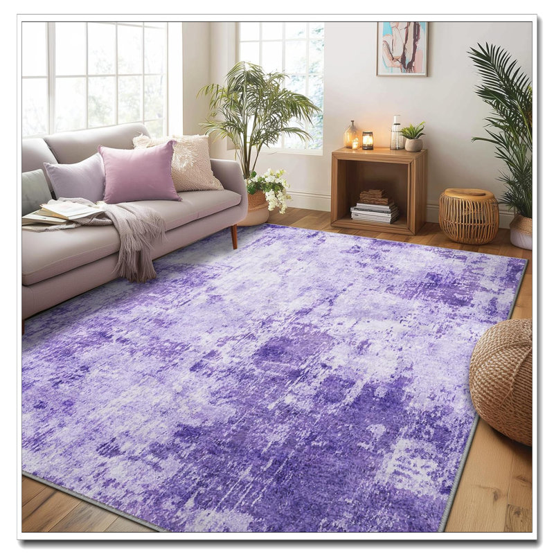 Washable 8'X10' Non-Slip Area Rug - Soft Modern Abstract Print Rug For Living Room Entryway Bedroom Nursery, Purple Gray Pink White