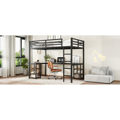 Lit mezzanine simple en métal avec bureau et tablettes, lit mezzanine avec échelle et garde-corps, cadre de lit mezzanine pour la chambre à coucher, noir