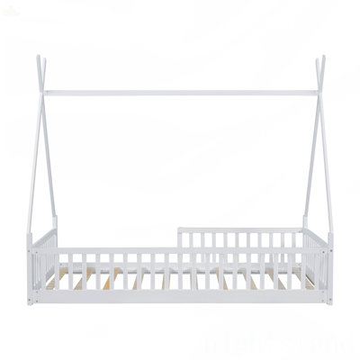 Twin Size Wood House Bed With Fence