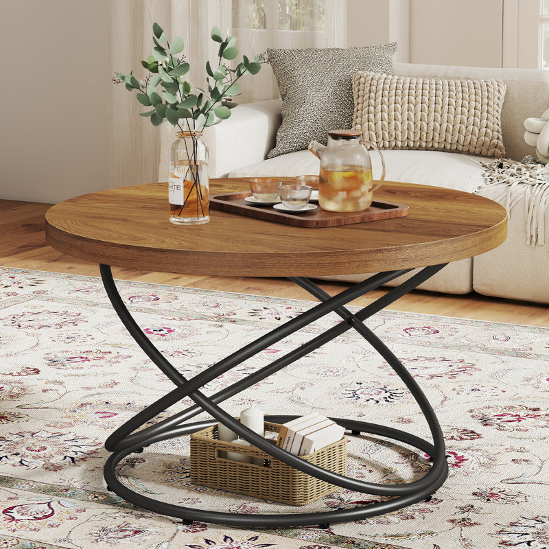 31.5" Round Coffee Table With Cross Metal Legs, Brown, Black