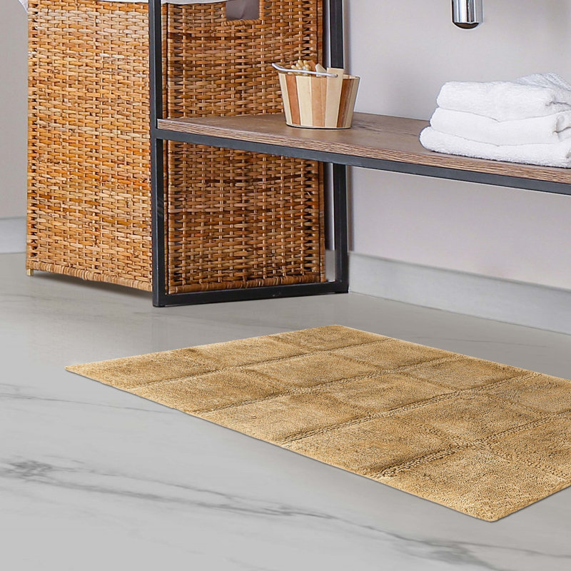 Sandcliff Checkered Cotton Non-Skid Machine Washable 2 Piece Bathroom Rug Set, Checkers Toast