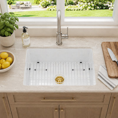 27" L x 19" W Ceramic Undermount Kitchen Sink, Fireclay Single Bowl Kitchen Sink with Sink Grid and Basket Strainer