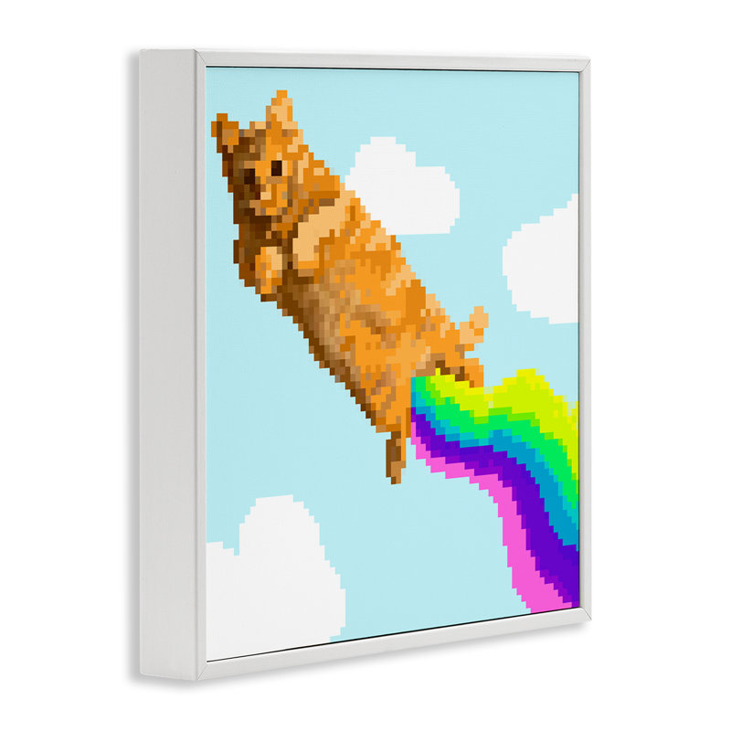«Flying Rainbow Pixel Cat», art de la giclée encadrée par June Erica Vess, Cadre blanc, H 17 po x l 17 po
