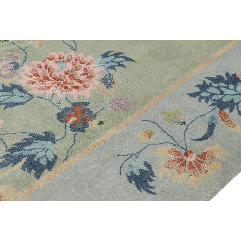 Rug & Kilim’S Chinese Art Deco Floral Rug In Green And Blue, Rectangle 10' x 14'