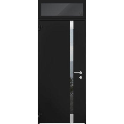 Front Exterior Prehung Steel Door / Cynex 6777 Black / Top Exterior Window / Stainless Inserts Single Modern Painted-W36" x H80+16"-Right-hand Inswing