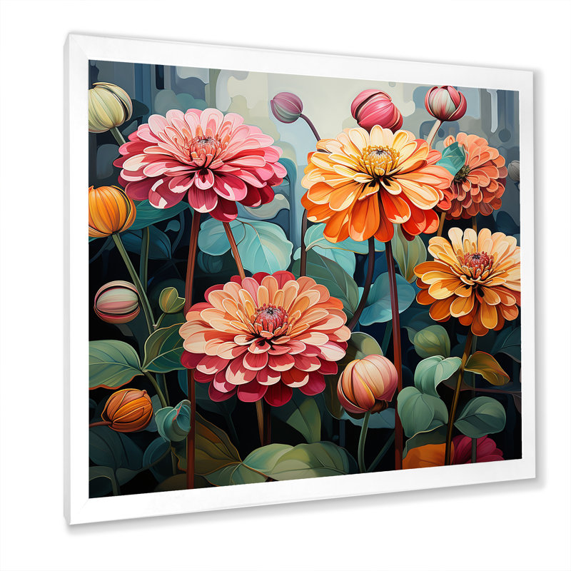"Binn Zinnias fleurs" - impression sur toile Zinnias, Cadre simple blanc, H 16 po x l 16 po x P 1 po