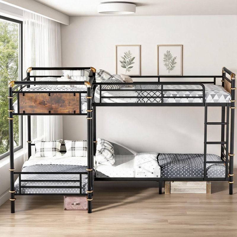 Cadre de lit superposé convertible pour 4 personnes peu encombrant en métal massif noir classique pour chambre d'enfant