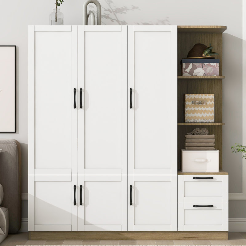 Armoire 3 portes en bois avec tablettes, présentoir latéral et 2 tiroirs pour la chambre à coucher, Blanc