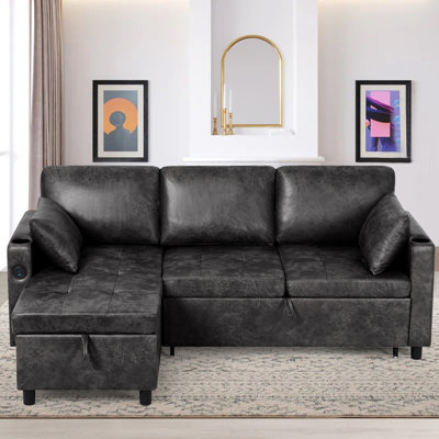 84" Reversible Sectional Pull-Out Sofa Bed With Adjustable Backrest,Suede Leather Modern L-Shape Sofa With Storage Chaise, 3-Seat Convertible Couch With Usb Charging Port For Living Room, Apartment, House