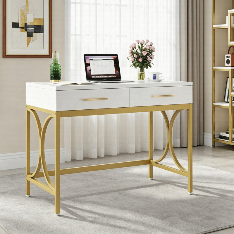 Bureau d'ordinateur de 41 po, bureau d'écriture moderne à 2 tiroirs, table de bureau à domicile blanche et dorée
