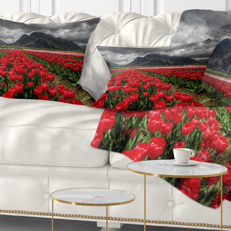 Coussin lombaire imprimé de lignes de tulipes rubis vives