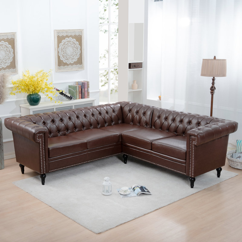 Raidon L-Shaped PU Leather Sectional Sofa, Dark Brown Faux Leather
