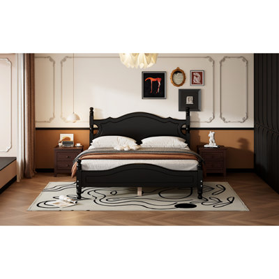 Black Queen Size Wood Bed Frame, Retro Slat Construction, Stable Style Frame With Support, No Box Spring Needed