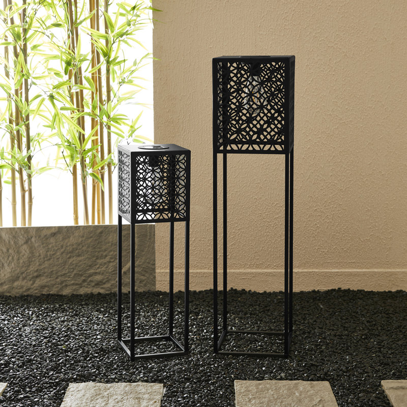 Oversized Black Metal Cutout Pattern Solar Powered Outdoor Floor Lantern