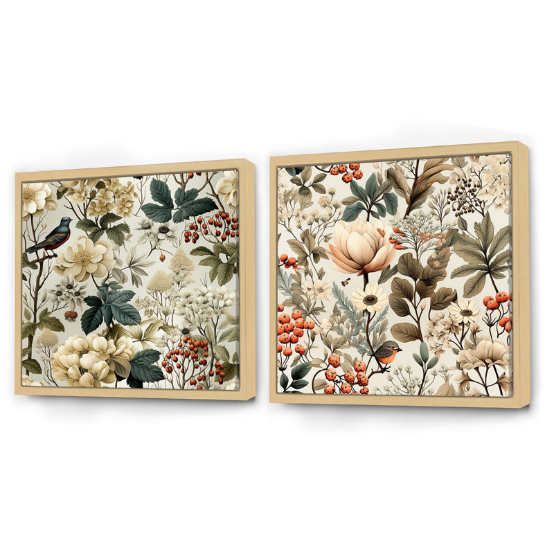 Tressie - Ensemble de 2 collages carrés floraux, H 30 po x l 61 po, Cadre flottant brun