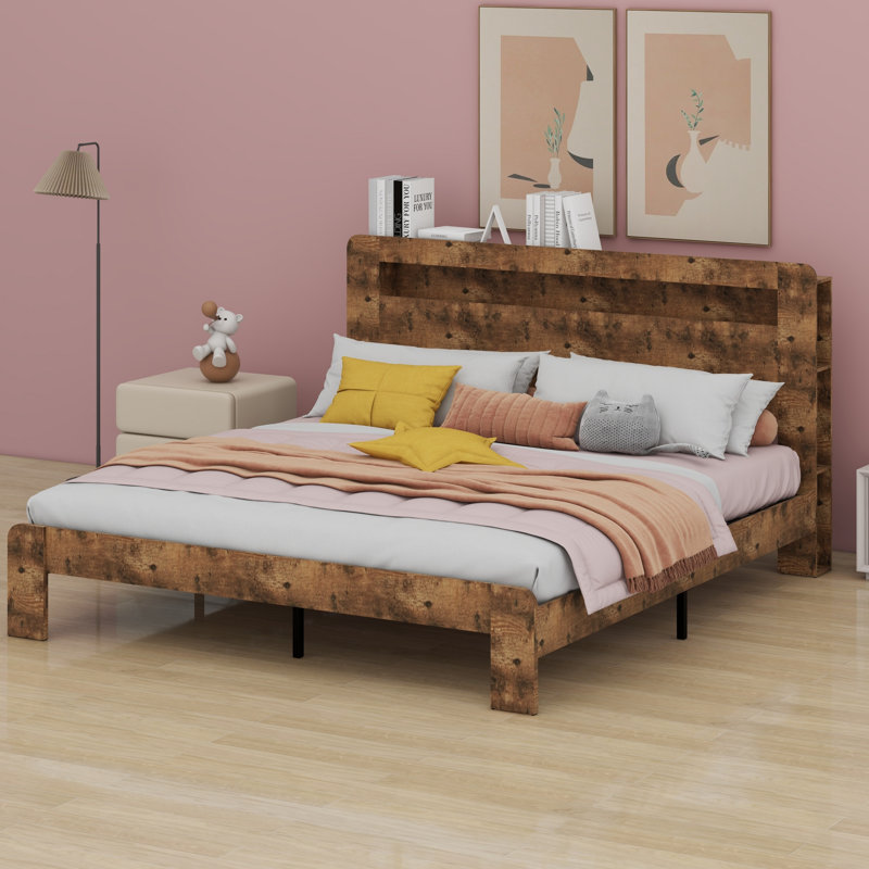 Structure de lit plateforme avec tête de lit à DEL avec rangement et 2 USB, grand rangement sous le lit, Très grand