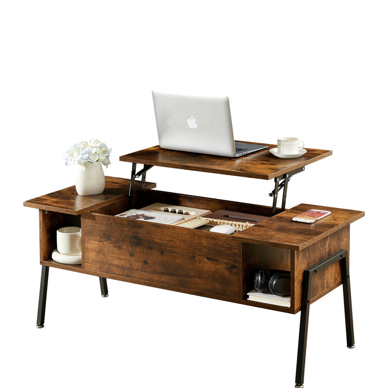 Table basse à plateau relevable Berck avec tablette de rangement et compartiment caché, Brun