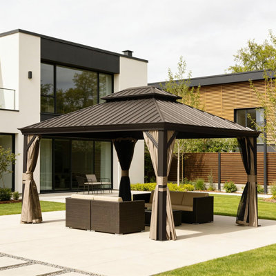 Pavillon de jardin extérieur 11 po x 13 pi, pavillon de jardin à toit rigide avec double toit en acier galvanisé, pavillons de jardin en métal avec système de drainage pour terrasse de patio, rideau et filet