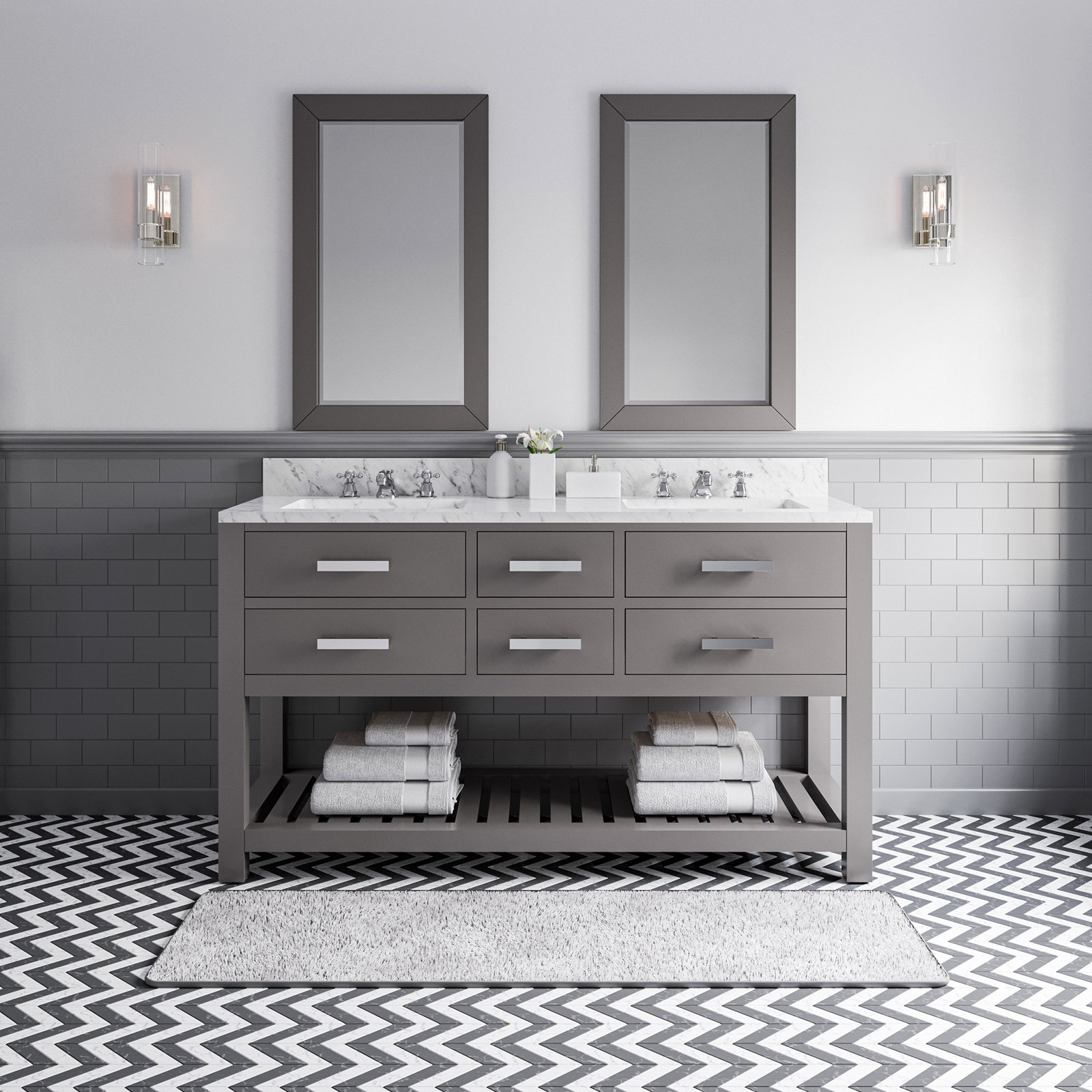 60" Pine Double Bathroom Vanity, Gray, 34" H x 60" W x 21.5"D