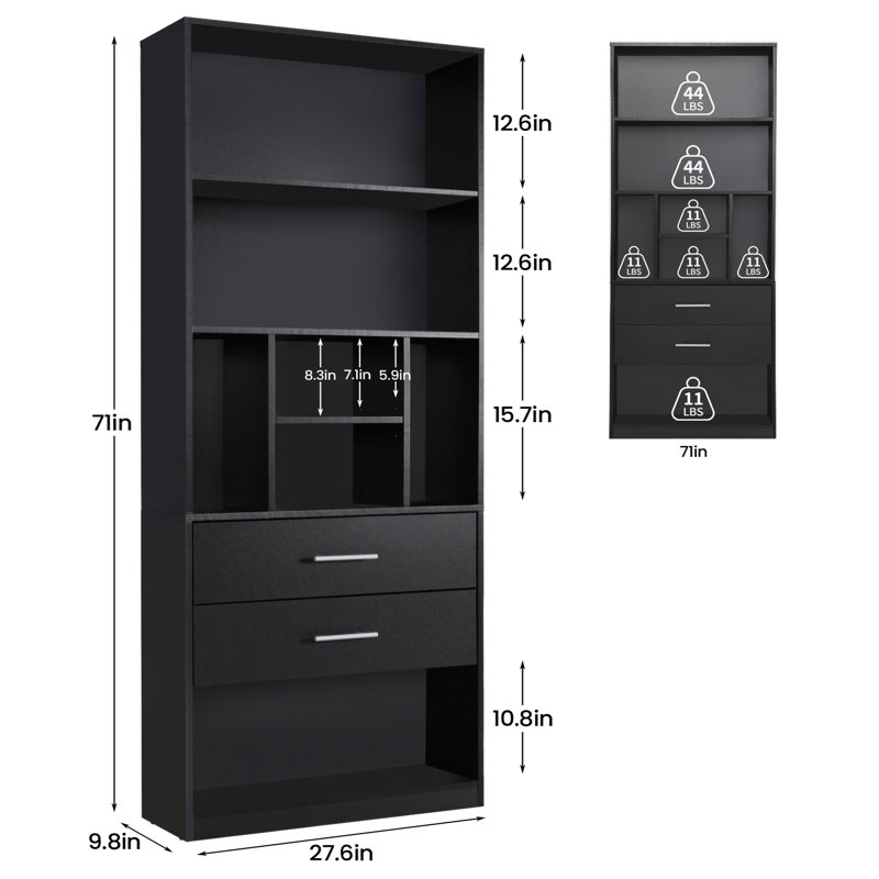 Giesa 71"H Modern Bookcases Storage Bookshelf with 2 Drawers & 7 Open Shelves, Black